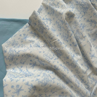 Vải Cotton HNB NHÀ VẢI LINEN cao cấp hoạ tiết Thỏ Nấm Xanh mềm mịn, thoáng mát, an toàn cho da