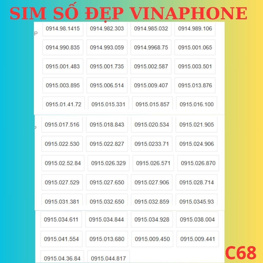 C68) Sim Vinaphone Giá Rẻ, Sim cặp số, Sim Trả Trước Nghe Gọi, Sim mới chưa kích hoạt, Phải ĐK Chính