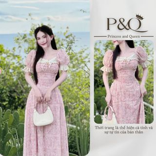 Đầm váy xòe maxi tay bồng hai lớp vải hoa thêu đục lỗ có bigsize | P&Q vd35