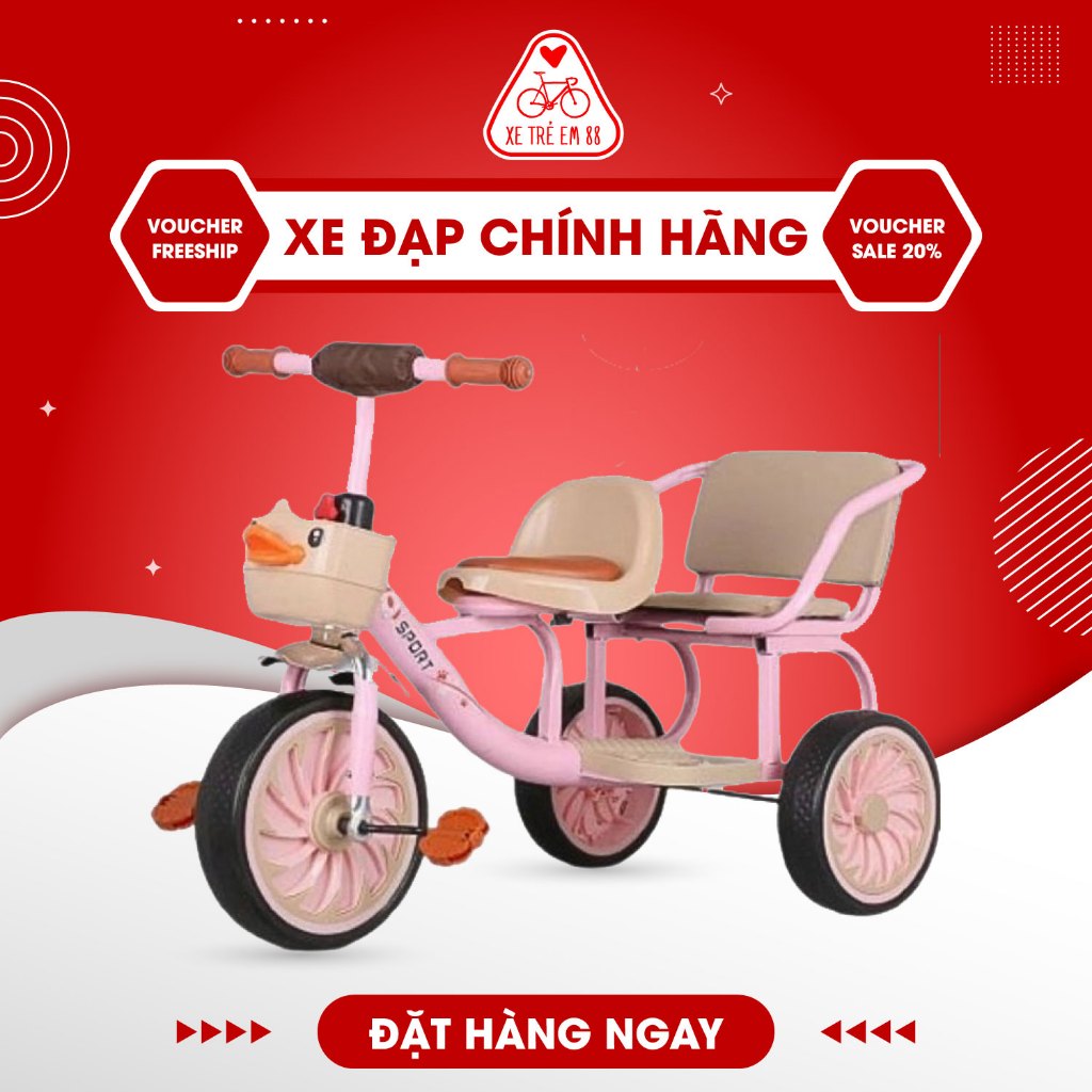 Xe đạp 3 bánh xích lô hình CON VỊT 2 chỗ ngồi MÃ 6688 cho bé lót da có giỏ đồ cho bé siêu xinh