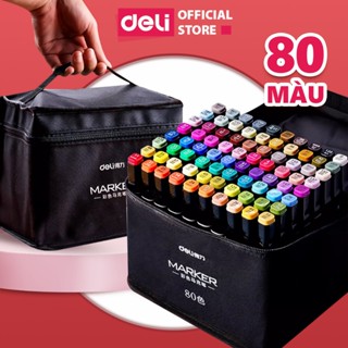 Bút Màu Dạ Marker 2 Đầu Chuyên Nghiệp Deli - Kèm Túi Vải Vẽ Tranh Viết Calligraphy 30/40/60/80 Màu Đậm