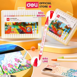 Bút Sơn Acrylic Marker 2 Đầu Cao Cấp Deli Kèm Hộp Nhựa Màu Vẽ 12/24/36/48 Cây Đậm Tô Màu Đi Nét DIY