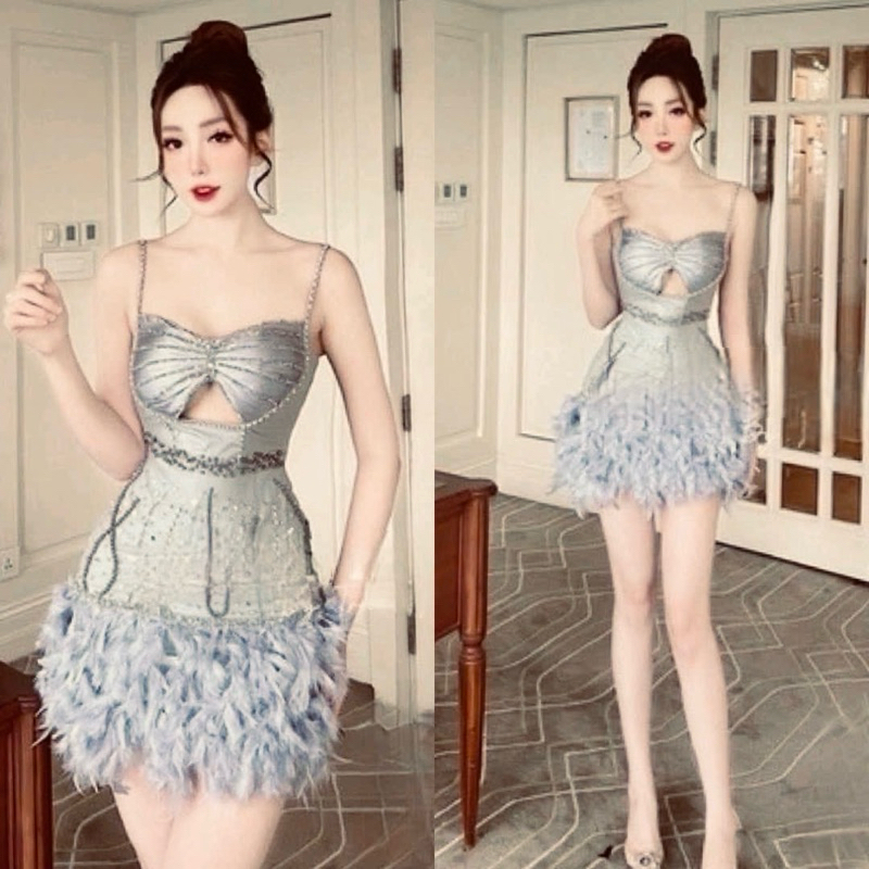 đầm body dây đính lông đính pha Lê dự tiệc