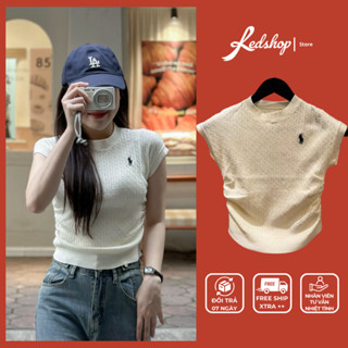 Áo len cộc tay dệt kim nữ, áo len họa tiết vặn thừng cổ tròn tay hến phối thêu ngựa 304101 RedShop