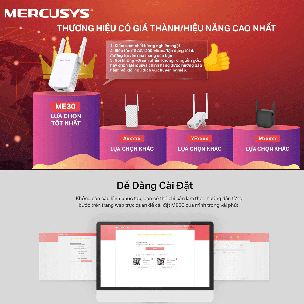 [Hỏa tốc] Bộ Mở Rộng Sóng Wifi Mercusys ME30 Chuẩn AC 1200Mbps | BigBuy360 - bigbuy360.vn