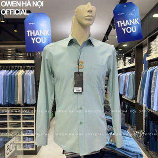 Áo sơ mi owen dài tay màu xanh bạc hà hoạ tiết chấm regular fit vải sợi tre AR230669DT