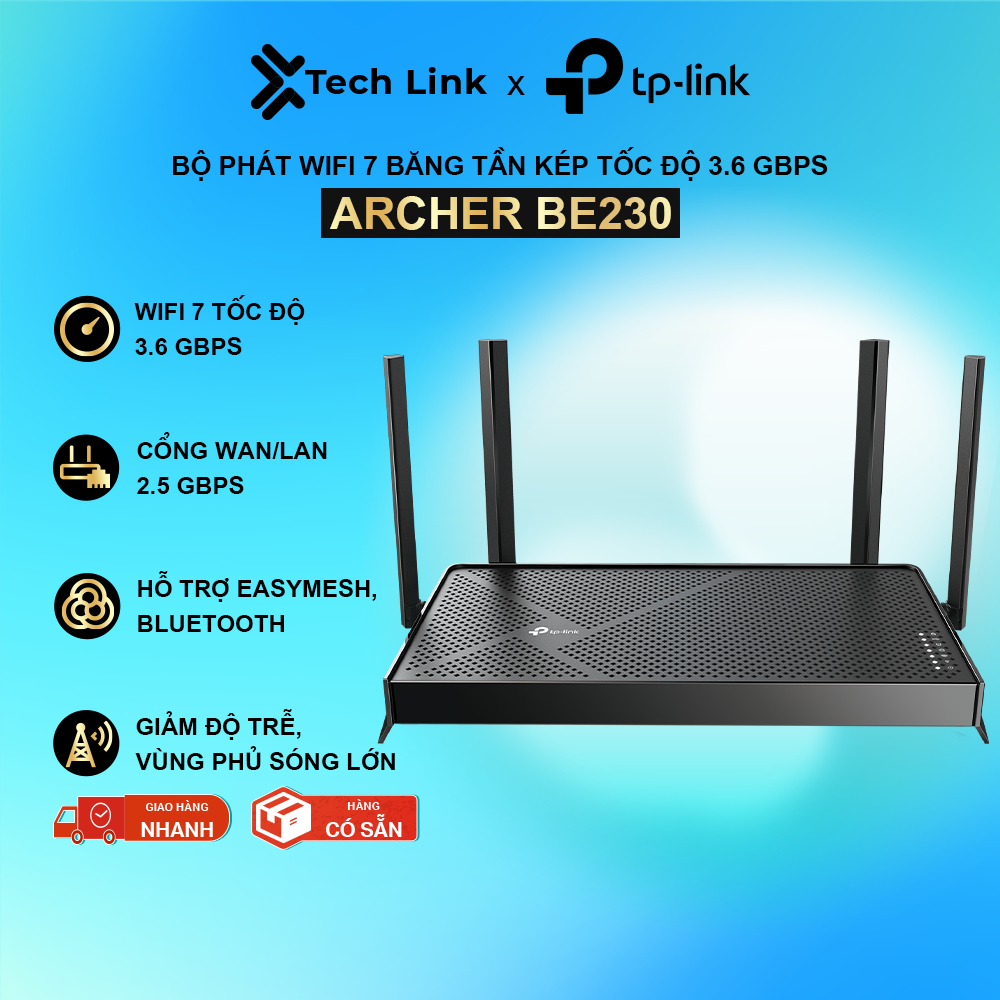 [Công Nghệ Wi-Fi 7 Mới] Bộ Phát WiFi 7 TP-Link Archer BE230 Băng Tần Kép Tốc Độ 3.6 Gbps