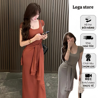 Đầm ôm body co dãn vạt rời thắt eo, váy body ngắn tay dáng dài chất thun cotton Logastore_L256