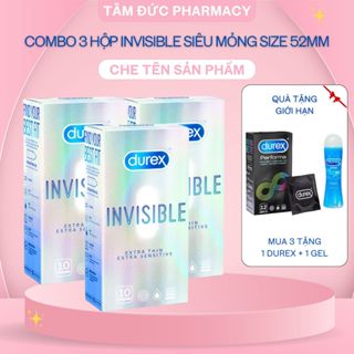 Combo 3 Hộp Bao cao su Durex Invisible Bạc hà Siêu mỏng Nhiều gel Size 52mm Hộp 10 bcs Chính Hãng