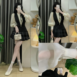 [ ẢNH THẬT BY HTA ] Set váy tay bồng yếm xinh , Set váy yếm xoè cổ V đính nơ phối áo tơ tay bồng