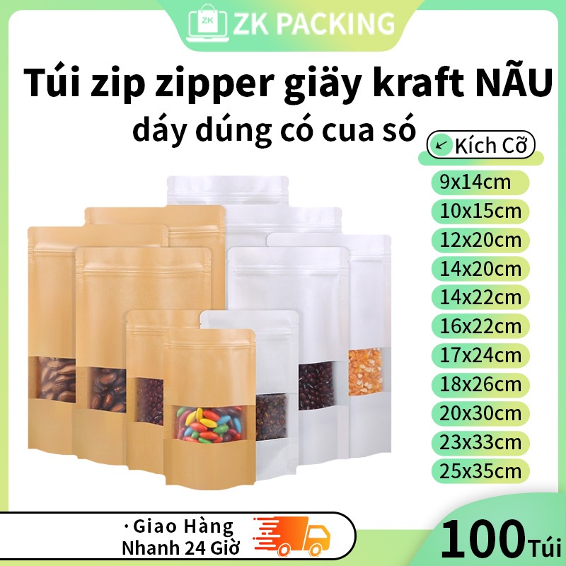 [ZK PACKING] 100 Túi Zip Giấy Kraft Nâu/Trắng Đáy Đứng Có Cửa Sổ - Đựng Thực Phẩm, Cafe, Hạt