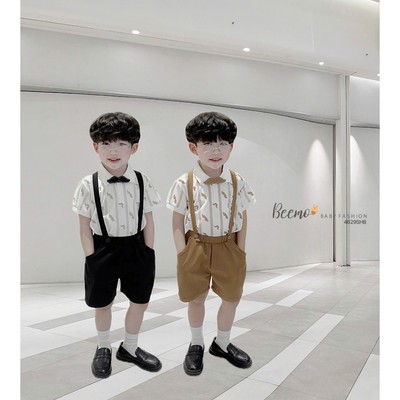 Set bộ polo cộc tay Beemo in hình râu 4 chi tiết (kèm đai và nơ) vải cá sấu cho bé trai từ 9-25kg 4629SHB