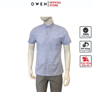 Áo sơ mi ngắn tay nam OWEN AB250080NT somi công sở cao cấp vải sợi tre màu xanh tím dáng body fit tà bằng có túi