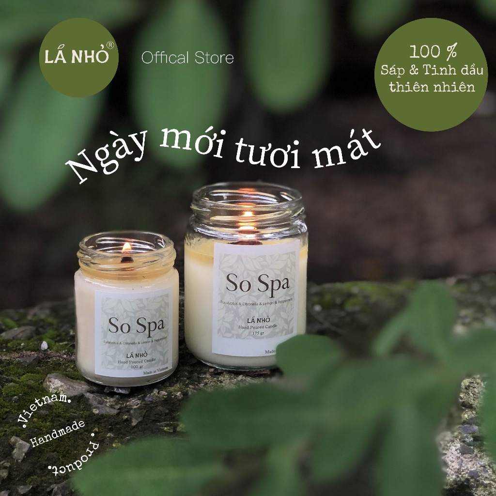 Nến thơm handmade thủ công LÁ NHỎ So Spa (Khuy Diệp + Sả Cây + Chanh + Bạc Hà)