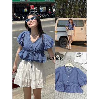 BARE_Áo Croptop Kiểu Nữ Chun Eo, Áo babydoll Tay Ngắn Phồng Layer Cổ V Bèo Phong Cách Hàn Quốc_A570