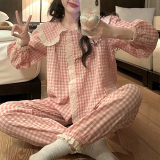 Bộ Đồ Ngủ Pijama Kẻ Caro, Đồ Mặc Nhà Nữ 2 Màu Xanh Hồng Xinh Xắn Áo Tay Dài Quần Dài Nhà Pink