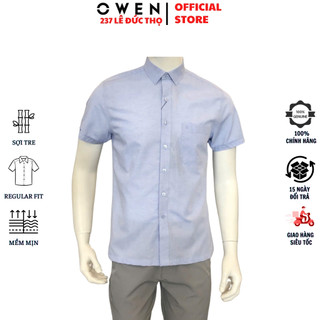  Áo sơ mi nam ngắn tay OWEN AB250080NT somi công sở màu xanh tím dáng body fit tà bằng có túi vải sợi tre chống nhăn cao 