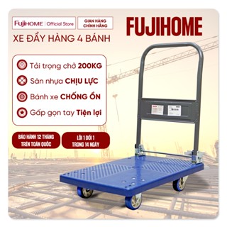 Xe đẩy hàng 4 bánh gấp gọn 100kg - 200kg nhập khẩu FUJIHOME, xe kéo hàng sàn nhựa xếp gọn bánh cao su chống ồn