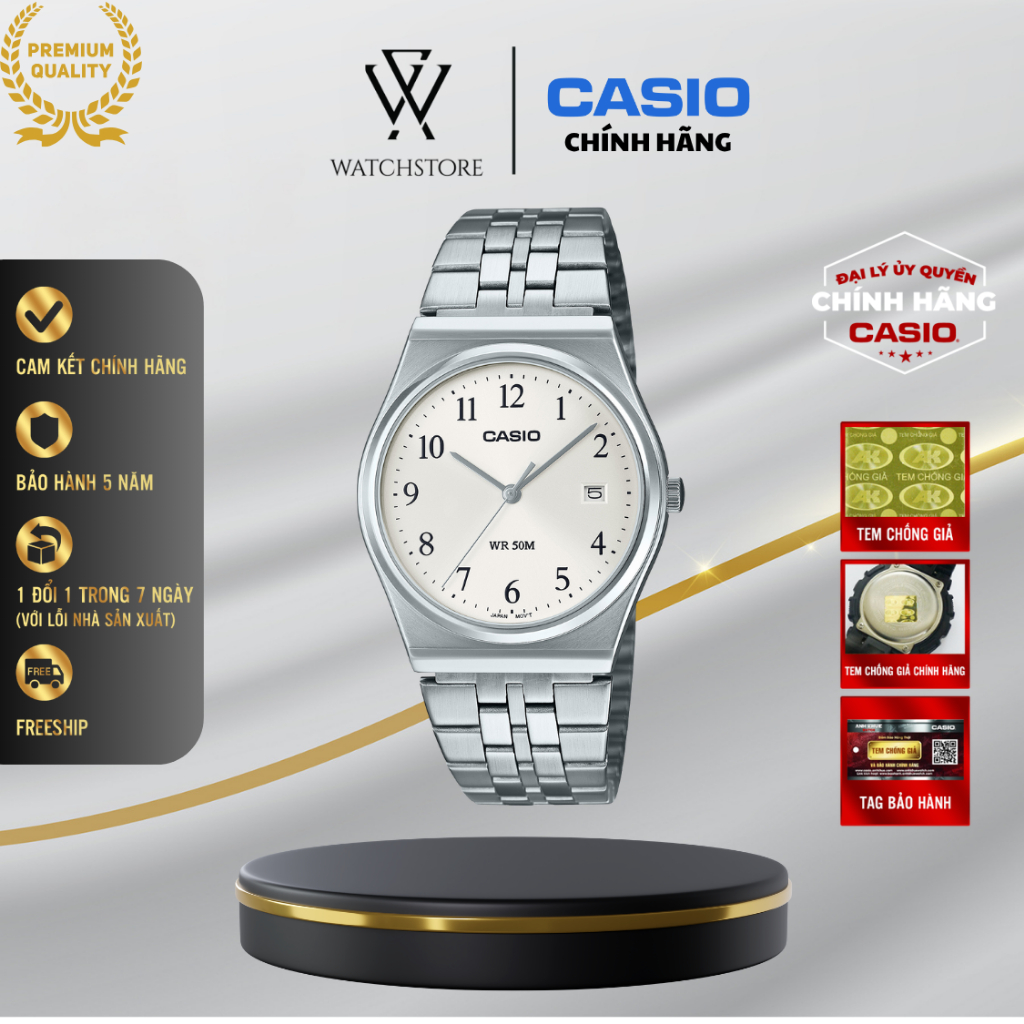 Đồng Hồ Nam Casio MTP-B145D-7BVDF Màu Trắng Kim Bạc Kính Khoáng 35mm Kháng Nước Vỏ Kim Loại Không Gỉ