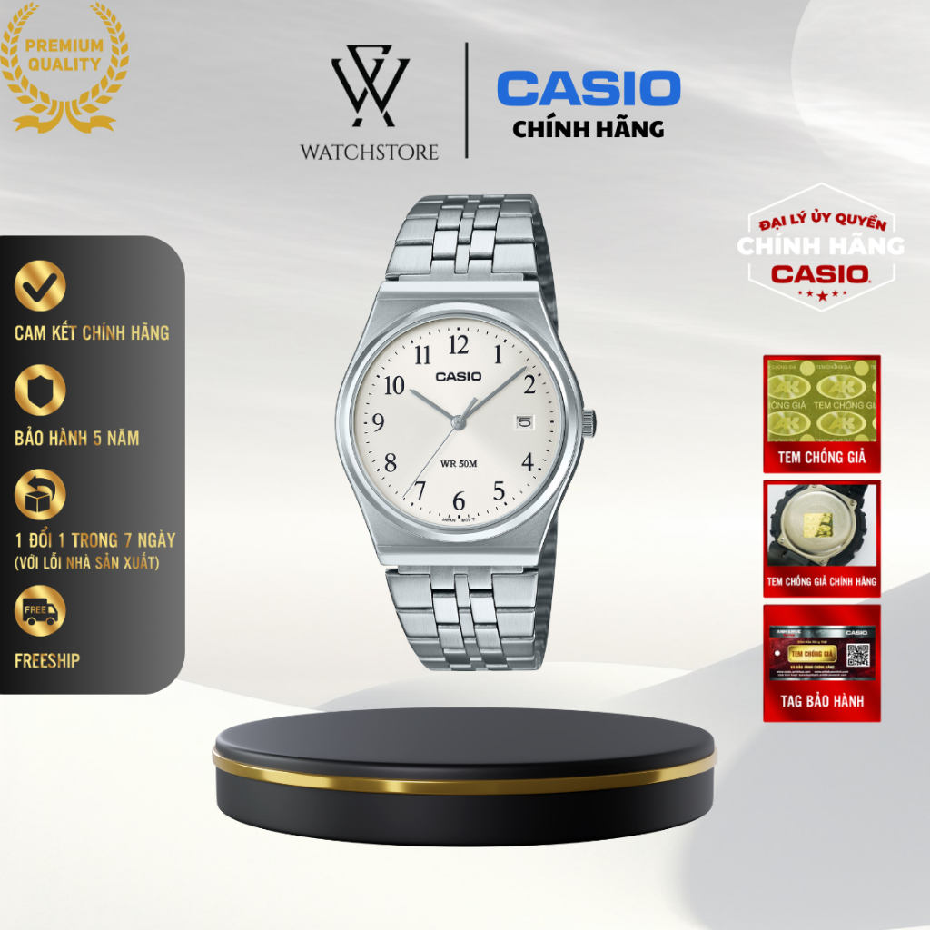 Đồng Hồ Casio Nam MTP-B145D-7BVDF Màu Trắng Dây Kim Loại Không Gỉ Kính Khoáng 35mm Kháng Nước Chính 