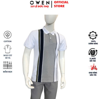 Áo thun cổ bẻ OWEN APV253609 polo nam ngắn tay Màu trắng phối xanh xám vải cotton mềm mại cao cấp phông dáng body fit t