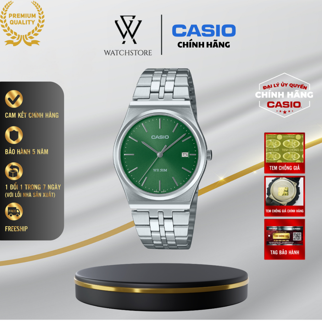 Đồng Hồ Nam MTP-B145D-3AVDF Màu Xanh Lá Cây Mặt Kính Khoáng 35mm Chống Nước Kim Đen Dây Kim Loại Chí