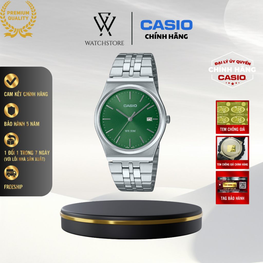 Đồng Hồ Casio Nam MTP-B145D-3AVDF Màu Xanh Lá Cây Dây Kim Loại Không Gỉ Mặt Kính Khoáng 35mm Chống N