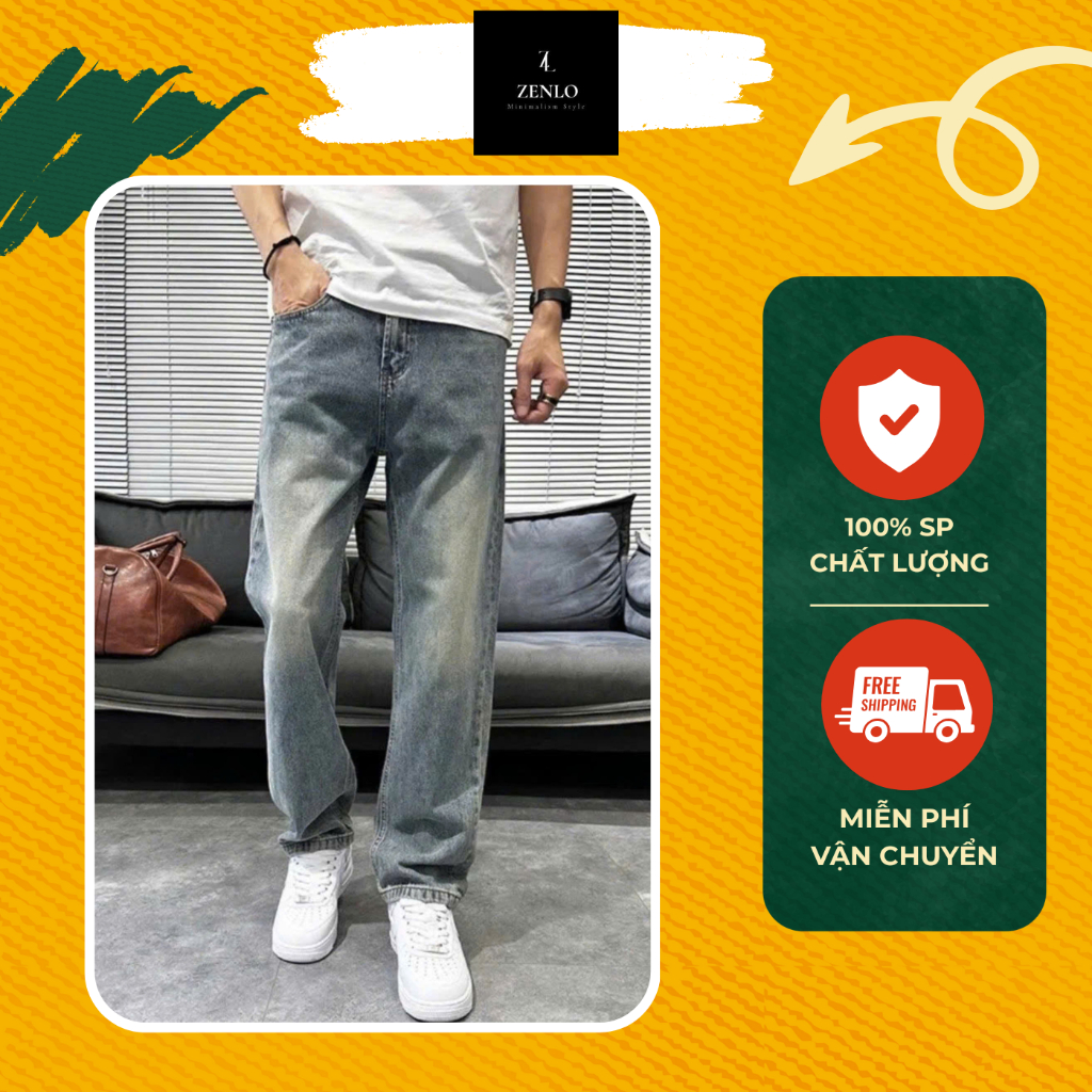 Quần Jean Nam Ống Suông Denim, Ống Đứng, Baggy, Hack Dáng - Quần Jean Nam Ống Suông Màu Xanh Retro