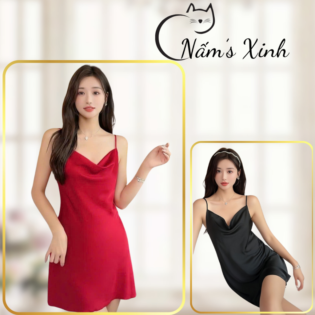 Đầm Lụa Cổ Đổ hai dây Cao Cấp, Váy Lụa Cổ Đổ Hai Dây Ngắn- Hai Dây Cổ Đổ Quyến Rũ Tôn Dáng
