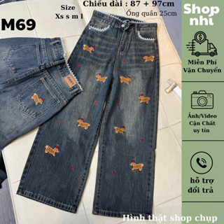  Quần jean nữ ống suông rộng QC thêu chó nấm dài 87cm + 97cm size SML Shop Nhí   7265  7266   
