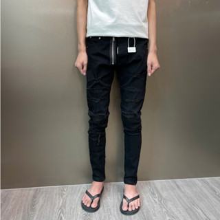 Quần jean đen rách xù vá 2 miếng ốp đùi bản 4 cúc mix khoá lộ host tren Dc409