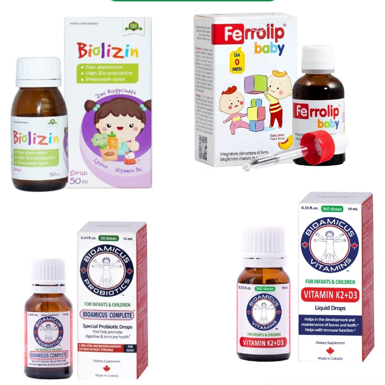 Kẽm Biolizin, sắt Ferrolip Baby, K2d3 và men 10 chủng BioAmicus
