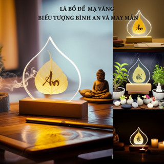 Đèn Pha Lê Lá Bồ Đề Phong Thủy - Chữ Thư Pháp Mạ Vàng [Lá Thật 100%] Có Đế Gỗ Và  Đèn LED