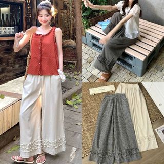  Quần Ống Rộng Linen Viền Bèo Cạp Chun Dễ Phối Đồ Mặc Đi Làm Đi Chơi Labibi 