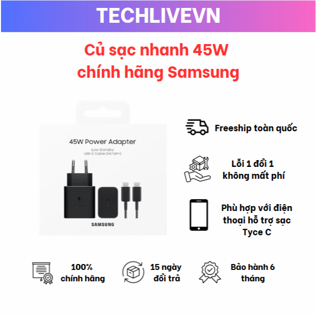 Bộ sạc nhanh 45W Samsung chính hãng FULLBOX dây 5A 1m8 - Bảo hành 12T