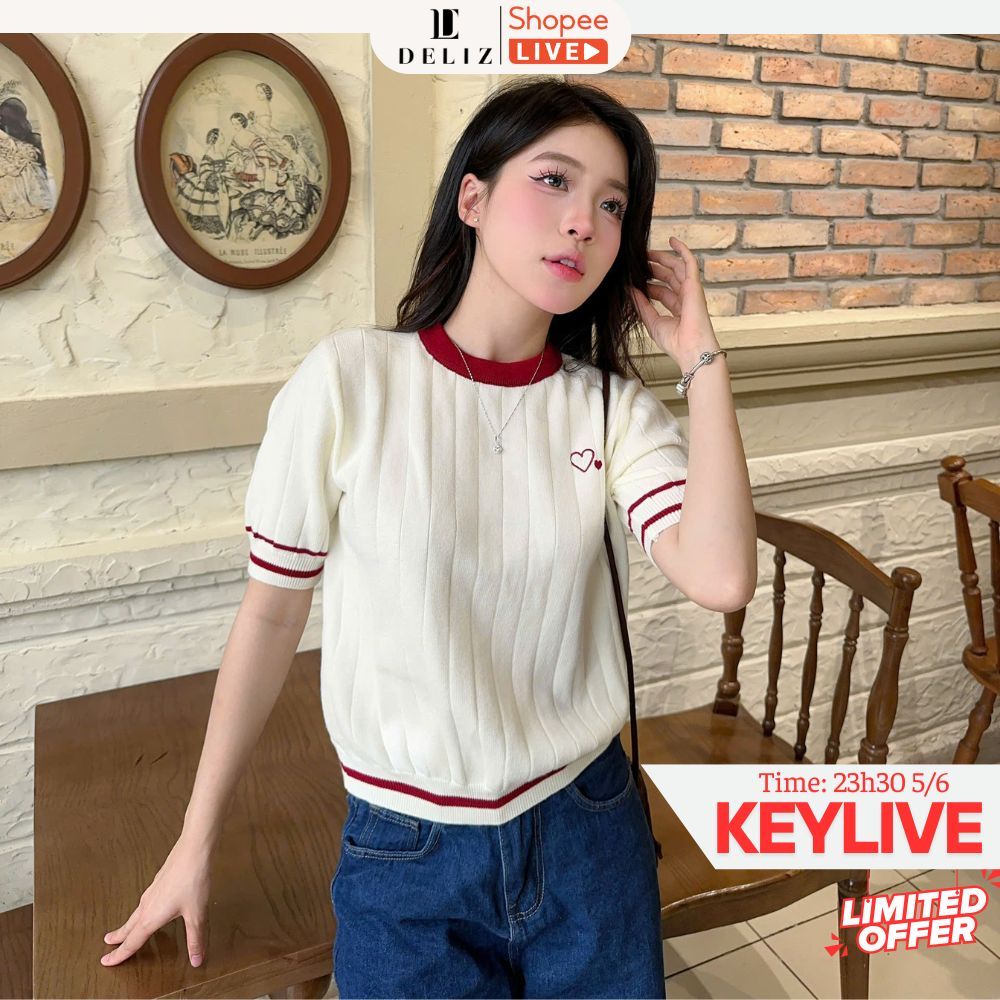 Áo len lông thỏ cộc tay mùa hè cổ tròn phối viền đỏ kẻ sọc hình thêu trái tim ALC07 thiết kế DELIZ | BigBuy360 - bigbuy360.vn
