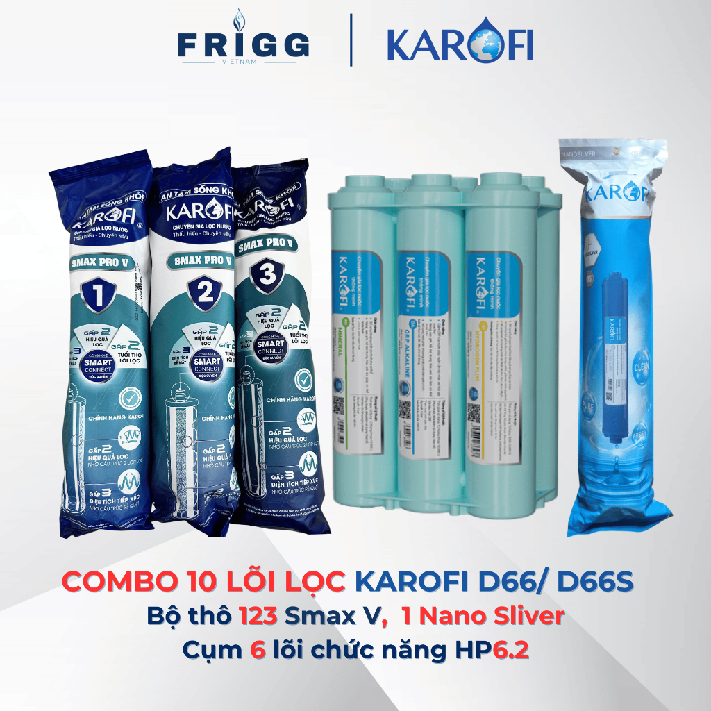 Combo 10 lõi lọc nước Karofi (123 + cụm HP6.2 + Nano) cho máy KAD-D66 (không màng RO) - Hàng Chính H