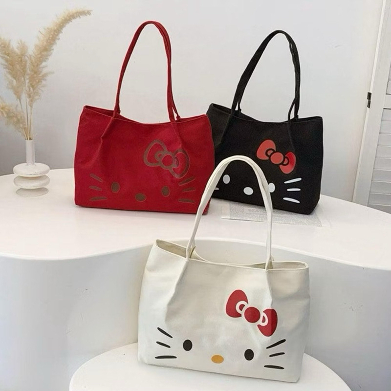 Túi đeo vai nữ Canvas sức chứa lớn hình Hello Kitty, Túi đi du lịch đi học đa năng