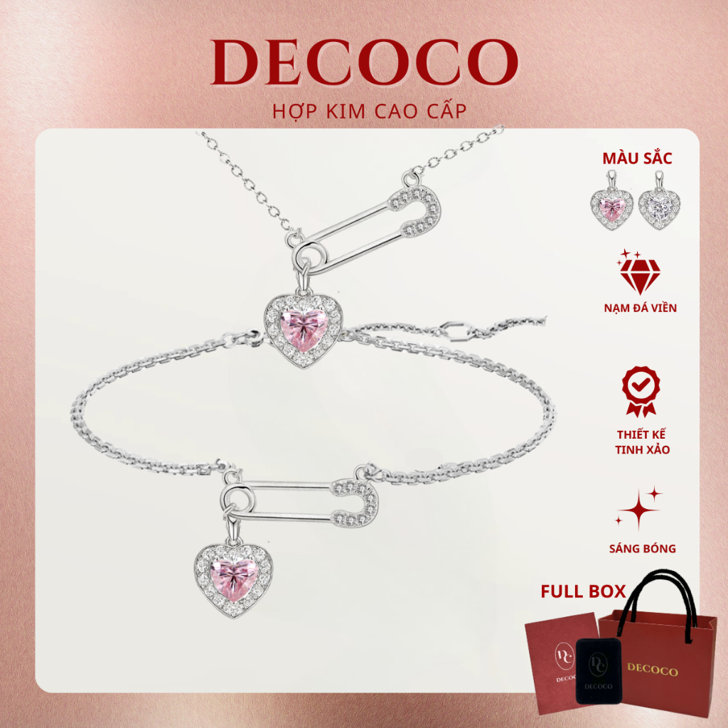 Set vòng tay và vòng cổ Safety Pin trái tim ghim băng đính đá mạ vàng trắng DECOCO ACC ( kèm Túi giấy + Hộp + Thiệp )