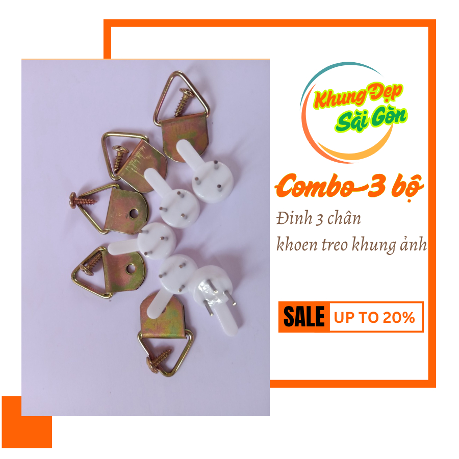 Combo đinh 3 chân + khoen treo khung ảnh (3 bộ) – đầy đủ đinh, khoen, ốc vít cho treo khung tranh