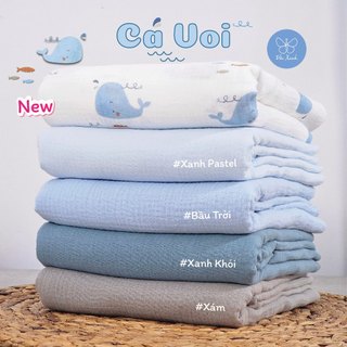 [ Cá Voi ] Vải Xô Muslin 2 lớp Siêu Mềm Họa tiết Cá Voi may khăn chăn cho bé