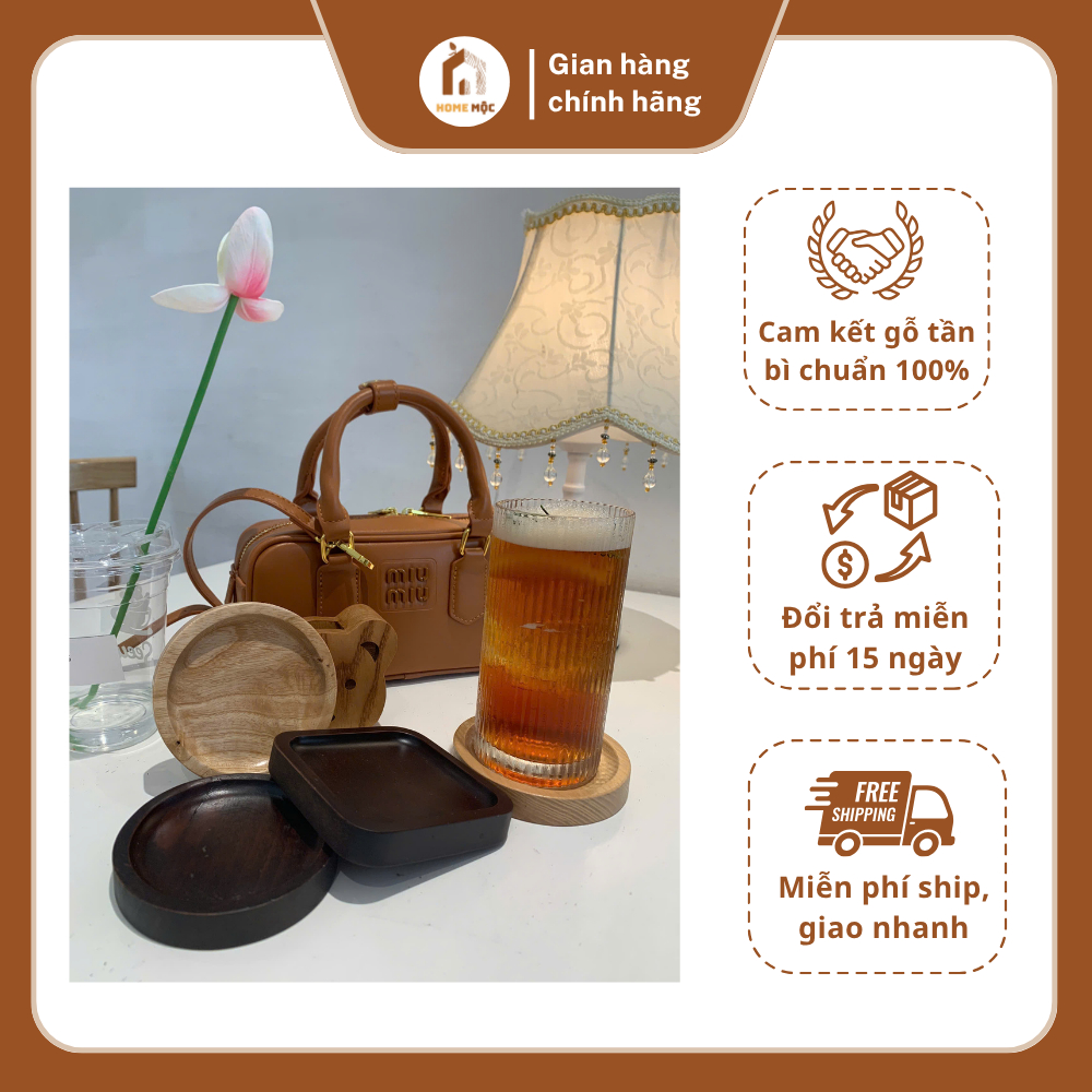 Lót Ly Gỗ Tự Nhiên Home Mộc HM-LC02-ND Đế Lót Cốc Gỗ Vuông Màu Nâu Đậm Sang Trọng
