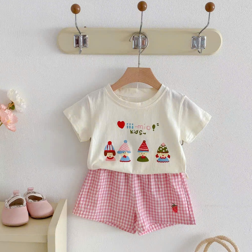 Set bộ đùi caro cho bé gái mặc nhà Mintybae, đồ bộ cho bé gái quần đùi caro, áo thun cotton từ 7kg-3