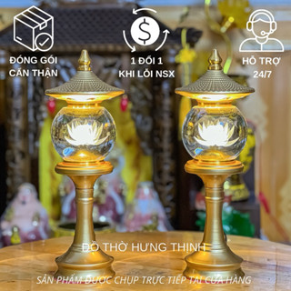 Đèn thờ hoa sen Cầu Pha Lê cao cấp có mái chân hợp kim Màu Vàng đồng Cao 28-34-39cm. Giá tính 1 đôi