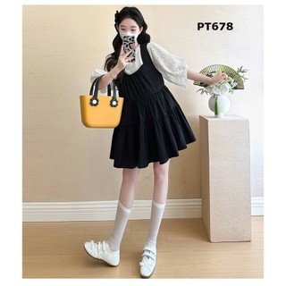 Set đầm yếm bầu màu đen kèm áo trắng tay phồng hàng Quảng Châu Cao Cấp cho mẹ bầu thời trang - PT678