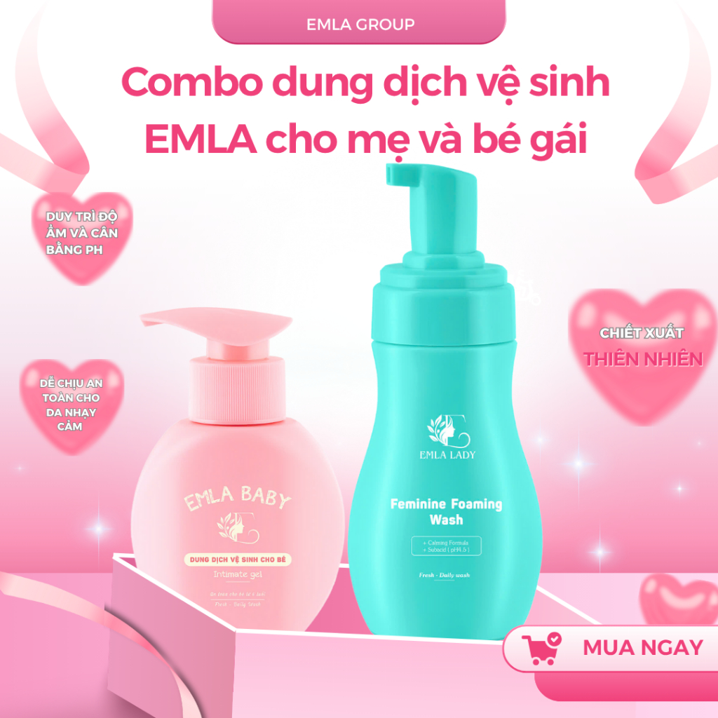 Combo dung dịch vệ sinh nữ giới EMLA cho mẹ và bé gái, ddvs bé gái, dung dịch vệ sinh cho nữ tạo bọt