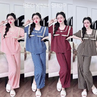  Đồ Bộ - Đồ Ngủ Quần Áo Vải Đũi Xốp Caro Cotton Tay Ngắn Quần Dài Pijama Bigsize 50-100kgNữ Pants Lịch Quần Ngủ - A.5434 