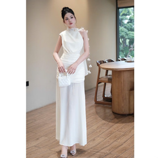 Đầm đi dự tiệc, váy dự tiệc cổ tròn không tay dáng dài kèm dây hoa laze thiết kế sang trọng tiểu thư sang chảnh LEVAN