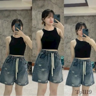  Quần ngố jean nữ lưng thun rách phối dây có big size  M04  
