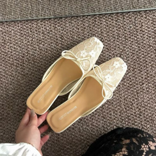 [Phom nhỏ chân dày tăng size] Giày bệt sục gót vuông thắt nơ đế cao 3cm- S3C- Dép sục hoạ tiết ren thêu mùa hè.